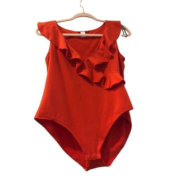 H&M L Ruffled Stretchy Halter V Neck Ruffled Orange Bodysuit - Picture 2 of 10